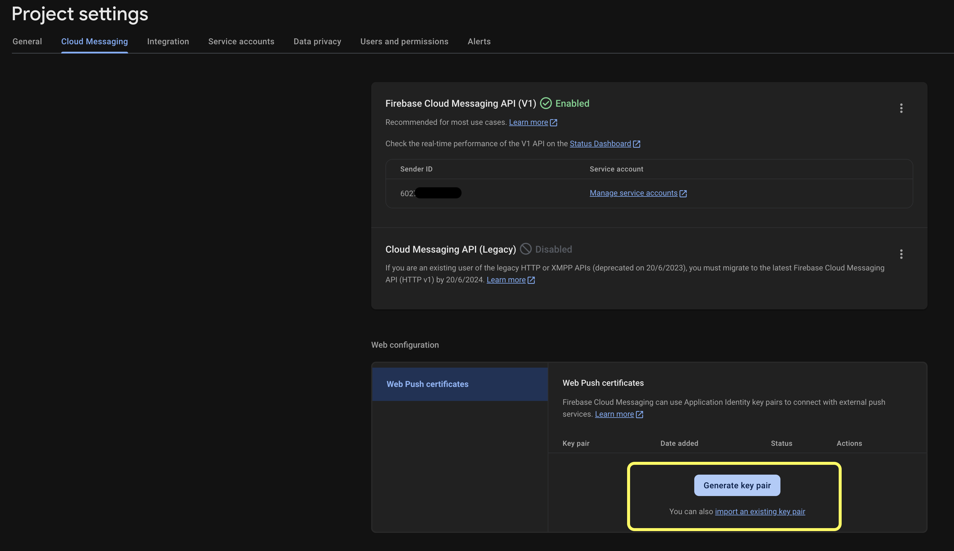 Project Settings -> Cloud Messaging -> Web Configuration -> Web Push certificates