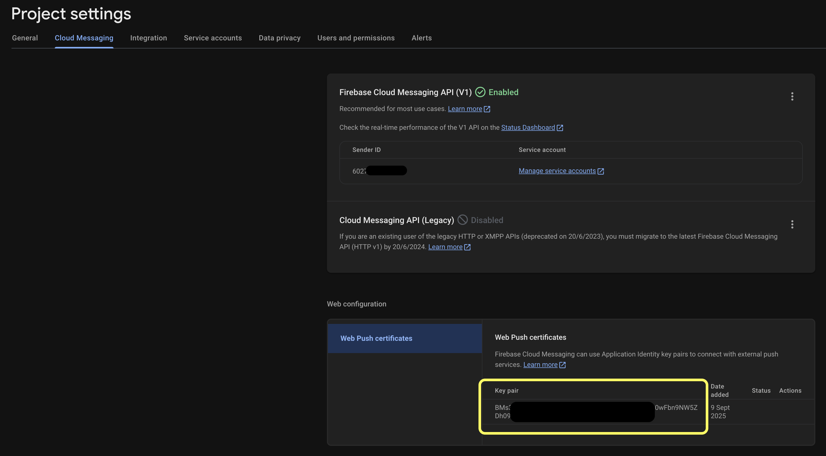 Project Settings -> Cloud Messaging -> Web Configuration -> Web Push certificates