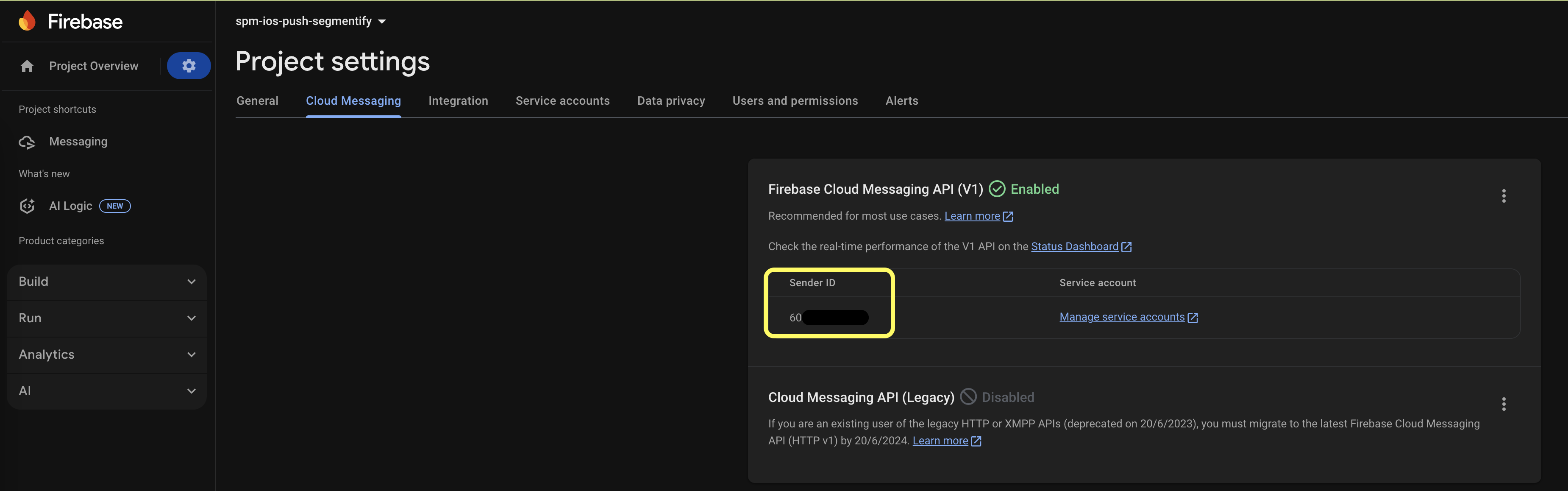 Project Settings -> Cloud Messaging -> Sender Id
