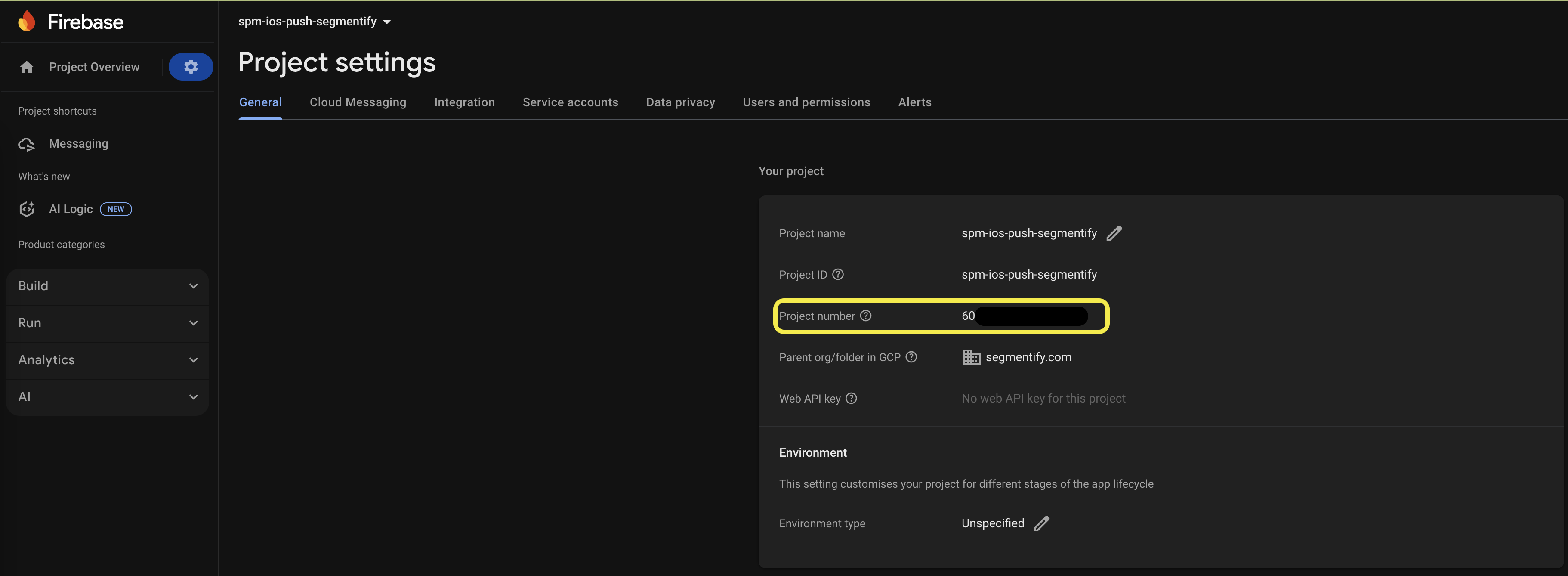 Project Settings -> General -> Project Number